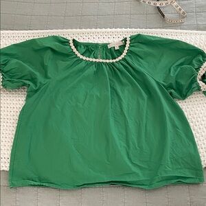 Flat White Green Puff Sleeve Blouse with Contrast Lace Trim